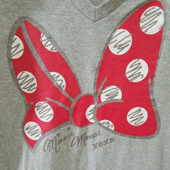 Disney Store Minnie Mouse XOXO Red Bow Sparkle V-Neck Women's Gray T-Shirt  M - Picture 3 of 5